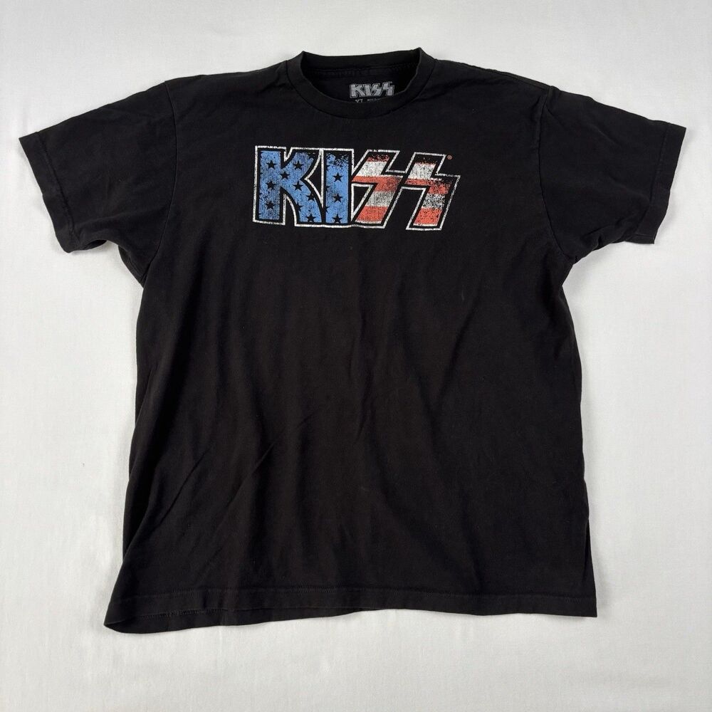 Kiss Flag Red White & Blue Logo Rock Music Black Cotton T-shirt Size XL USA